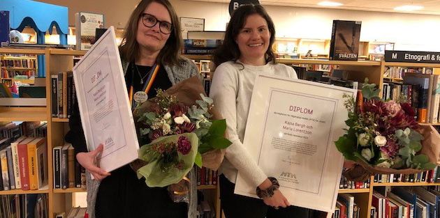 Kajsa Bergh och Maria Lorentzon, vid prisutdelningen för Årets läsombud 2021.